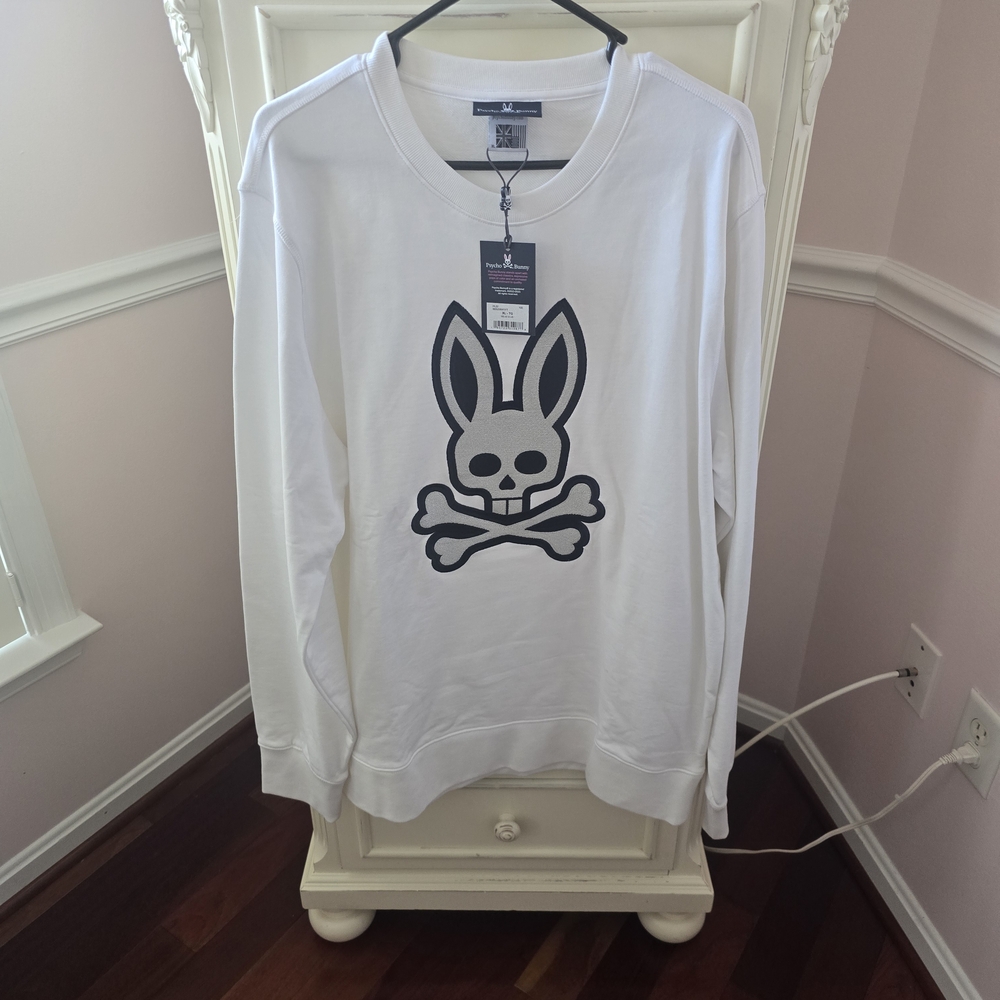 Psycho Bunny White Sweatshirt with Black Skull Bunny Logo